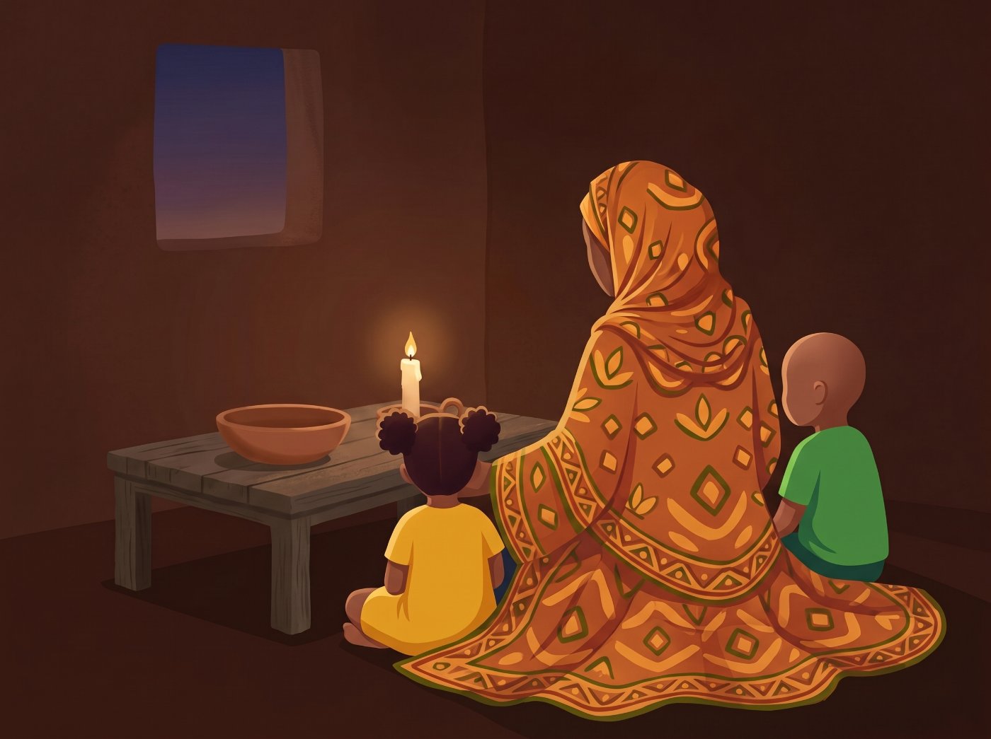 La veille au soir : une mère et ses enfants devant un bol vide